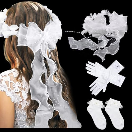 SPOKKI Kommunion Haarschmuck Satz Stirnband Kommunion Mädchen Haarkranz mit Weiß Blüten Perlen Organza Bänder Haarschmuck Kommunion Mädchen Socken Handschuhe für Kommunion Hochzeit Blumenmädchen