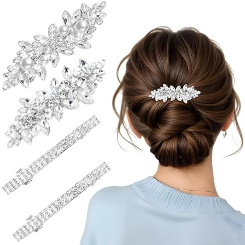 4 Stück Braut Haarschmuck Silber, Haarspange Hochzeit Glitzer Rhinestone Haarclips Kopfstücke Schmuck Strasssteinen Haarnadeln Kristallblumen Haar Zubehör für Frauen Mädchen Braut