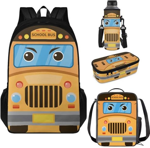 Aplkyhs Ensemble sac à dos pour enfants et sac à déjeuner, trousse à crayons, porte-bouteille d'eau, Bus scolaire., taille unique