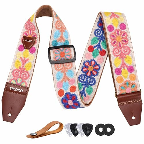 YIKOKO Gitarrengurt 5,1 cm Baumwolle Gitarrengurte mit Vollnarbenlederende für Bass-, Elektro- und Akustikgitarren