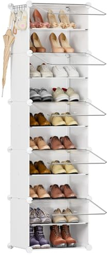 Scarpiera salvaspazio slim alta e stretta a 10 livelli con porta, scarpiera modulare in plastica chiusa bianca, mobile per scarpe ingresso fai da te per corridoio camera da letto