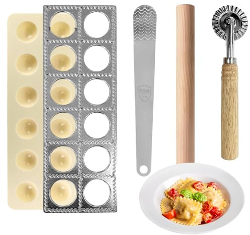 Stampo per Ravioli Grandi da 12 Pezzi in Acciaio | Macchina per Pasta Fresca, Ravioli e Tortellini | Set 4 Pezzi con Tagliapasta, Cutter e Mattarello in Legno