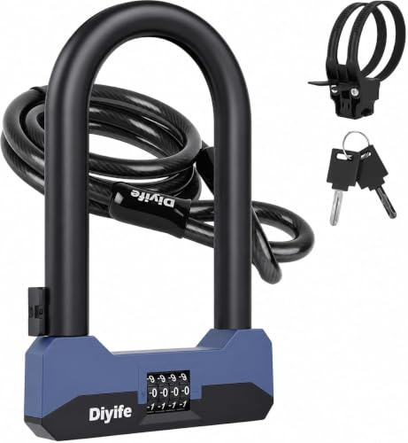 18mm Bike U Lock, Diyife Large Heavy Duty Anti Theft Bicycle U Lock with 5FT Steel Cable, 4-Digit Keyless Combination D Lock with Password Recovery Key & Mount Bracket for Ebike, Scooter, Motorcycle