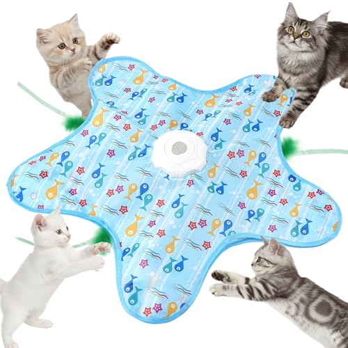AUYAO Interaktives Katzenspielzeug mit Federautomatik Blau-Fünfspitz | Wiederaufladbar Intelligentes Katzenspielzeug Elektrisch mit Federn Mausgeräuschen 3 Spielmodi USB-Aufladung