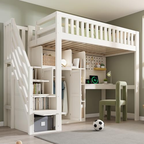 MAMAINI Letto a soppalco per bambini bianco, 90 x 200 cm, con scrivania, cabinet e armadio, scaffali aperti, porte USB/USB‑C, rete a doghe, soluzione all‑in‑one salvaspazio, senza materasso
