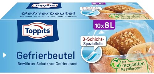 Toppits Gefrierbeutel - 10 x 8L, Extra Reißfest, Standboden, Transparent, Ideal für Lebensmittelaufbewahrung und Einfrieren