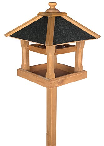 Edles Vogelhaus 130400 mit Ständer Massivholz 140 cm hoch und mit Schindeldach gedeckt Futterkrippe Futterspender Futterhaus mit Futterschale