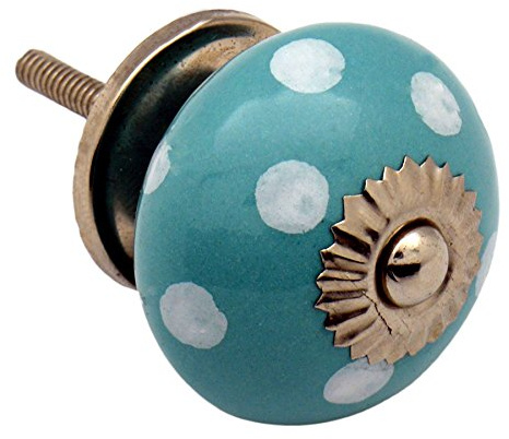 Nicola Spring Ceramic Cupboard Drawer Handle Knob - Polka Dot Design - Turquoise/White