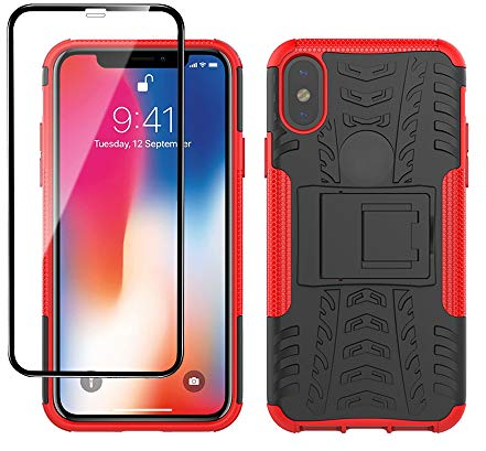 Yiakeng iPhone X Hülle, iPhone XS Hülle, Mit Schutzfolie, Stoßfest Schlank Silikon 360 Grad Schutz Mit Ständer für Apple iPhone X/Xs (Rot)
