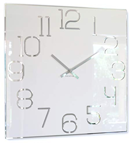 FLEXISTYLE Orologio da parete grande quadrato Digit diametro 50 cm, senza ticchettio, moderno, design in vetro acrilico e specchio acrilico, soggiorno, camera da letto (bianco)