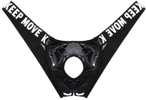 Agoky Herren Sexy Strings Jockstrap mit Öffnung Loch Männer Bikini Slip Thong Tanga Lack Leder Briefs Low Rise Erotik Unterwäsche M-3XL Schwarz B M