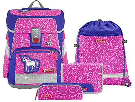 Step by Step Schulranzen-Set Space NEON Colorful Unicorn, 5-teilig, rosa-blau, ergonomischer Tornister mit Reflektoren, höhenverstellbar mit Hüftgurt, für die 1. bis 4. Klasse, 20L