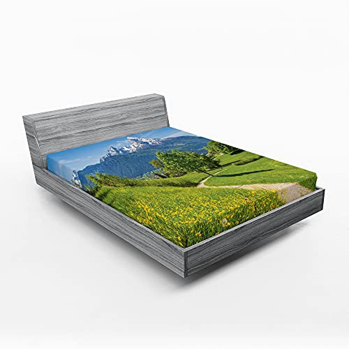 ABAKUHAUS Berg Spannbetttuch, Frühlingslandschaft in den Alpen, Soft Dekorativer Stoff Bettwäsche Rund-um Elastischer Gummizug, 180 cm x 200 cm, Mehrfarbig