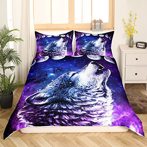Sunnybed Howling Wolf Bettbezug Blau Lila Sternenhimmel Bettwäsche Set 135x200,Galaxis Serie Trösterbezug Set für Kinder Teens Jugend Mann,Trippy Stars Mond Bettsets Wildtier Themenzimmerdekoration