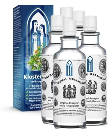 Klosterfrau Melissengeist | bei Erkältung & Magen-Darm | 5 x 155 ml | Naturarznei aus 13 Heilkräutern bei innerer Unruhe, Nervosität & Schlafstörungen, innerlich & äußerlich, seit 1826