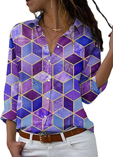 Onsoyours Donna Camicetta Blusa Elegante Camicia Manica Lunga Scollo V con Bottoni Farfalla Floreale Stampa Camicette Camicie Bavero Bluse Camicia B Viola XL