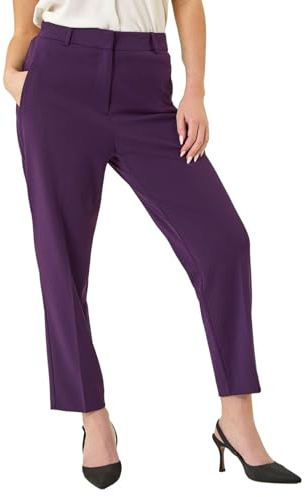 Roman Originals Work Trousers for Women UK Ladies Office Smart Stretch Suit Pants Slacks Cigarette Straight Leg Tailored High Elasticated Waist Ankle Grazer Slim - Purple Short (25 inch) - Size 10