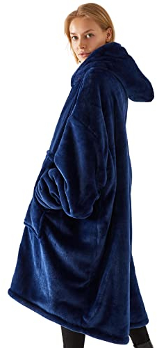Suweir Decken Hoodie Damen Oversize,Warmer Kuschelpullover Blanket Hoodie Weich Pullover Decke Sweatshirt mit übergroßer Tasche, Reißverschluss Flanell Hoodies für Damen,Herren,Jugendliche(Blau)