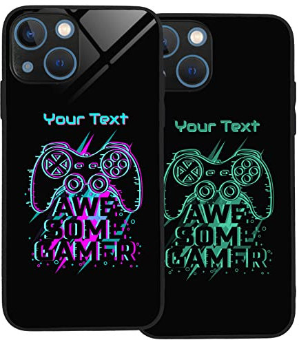 Personalised Case for iPhone 13, Slim Anti Scratch Glass panel with shockproof TPU Rims | Glow in the Dark Case | Custom Phone Case-Awesome Gamer