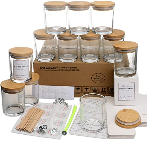 MILIVIXAY Paquete de 12 tarros de cristal transparente de 7 onzas con tapas y kits de fabricación de velas, tarros vacíos a granel para hacer velas, recipientes de especias y polvo.