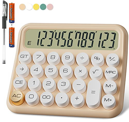 Niedlich Taschenrechner Schule, 12-stellig Extra Großes 5-Zoll-LCD-Display, Batterie Tischrechner Groß Büro Tasten Leicht zu Drücken, 15°Neigbarer Bildschirm für Taschenrechner Kinder(Cream)