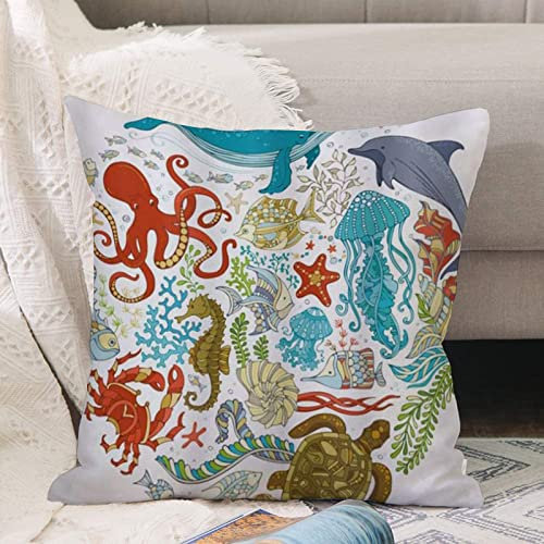 Kissenbezug 45x45 cm,Ocean Fish Sealife Octopus Wale Delphin Moos Seesterne Schildkröte Wel,Outdoor Kissen Kissenbezüge Kissenhülle Sofa Kissen dekokissen Zierkissen für Wohnzimmer Garten deko draußen