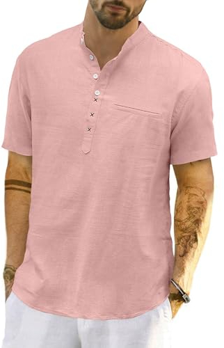 LVCBL Hommes Casual Coton Lin Manches Courtes Henley Chemise Été Léger Col Banded Haut Plage Hauts M-3XL, Rose, XL