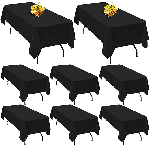 8 Packungen Schwarze Polyester-Tischdecke für 2,4 m große rechteckige Tische, 153 x 320 cm Polyester-Stoff-Tischdecke, knitterfrei, waschbar, für Hochzeit, Geburtstag, Party, Bankett-Dekoration