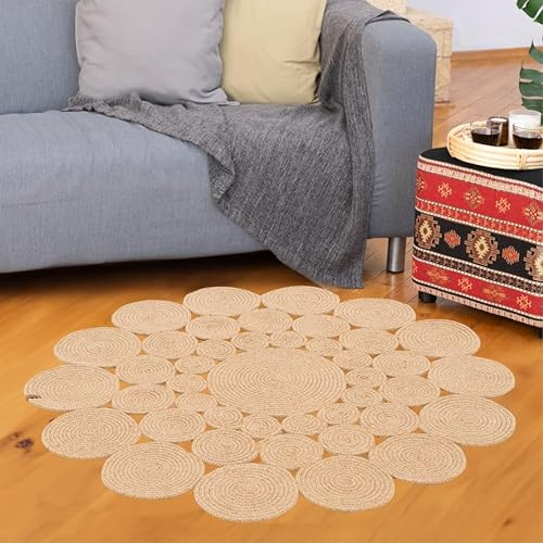 Dekorist Jute Teppich Rund, Boho und Ethno Look Wohnzimmer Teppich, Schlafzimmer, Ankleidezimmer, im Flur oder Esszimmer, Dekorativer Juteteppich Nevado, Daisy, 120 cm, Natural Beige
