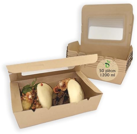 ECOPICNIC Lot de 50 Lunchbox en Kraft 1200 ML avec Couvercle Transparent | Boîtes Alimentaires en Carton Kraft jetables pour Repas à emporter, barquettes écologiques Pratiques