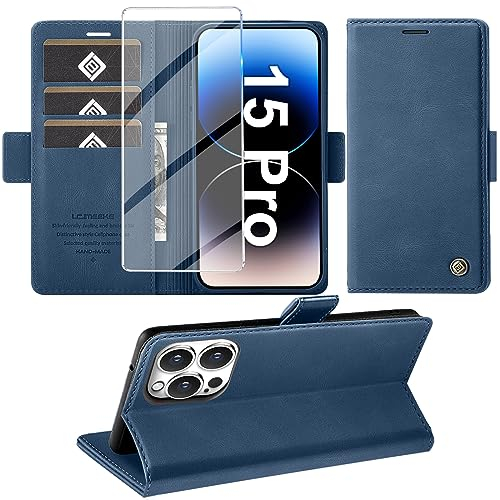 Giyer Handyhülle für iPhone 15 Pro Hülle mit Schutzfolie, Standfunktion Kartenfach Wallet Premium Leder Schutzhülle für iPhone 15 Pro 5G 2023 Flip Case Cover Tache Stoßfeste Klapphülle (Blau)