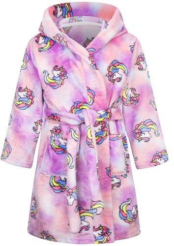 FILOWA Accappatoio Bambini Ragazza Flanella Vestaglia con Cappuccio Doccia Morbido Pigiama Lungo Spugna Indumenti da Notte per Bambina 4-5 Anni, Viola Unicorno