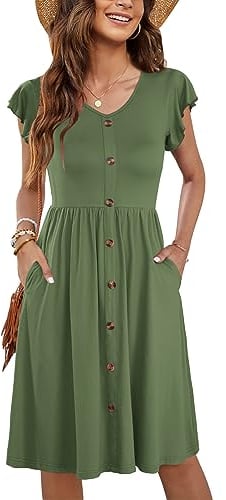 MOLERANI Midikleid Damen V-Ausschnitt Rüschen Ärmel Casual Swing Elastische Taille Midi Kleid mit Taschen Plain Army Green M