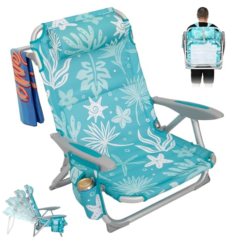 #WEJOY Leichter, niedriger Strandstuhl für Erwachsene, 4 Positionen, Aluminium-Klappstuhl mit Rucksackgurt, Getränkehalter und gepolsterter Kopfstütze, unterstützt 120 kg für Rasen im Freien, Cyan