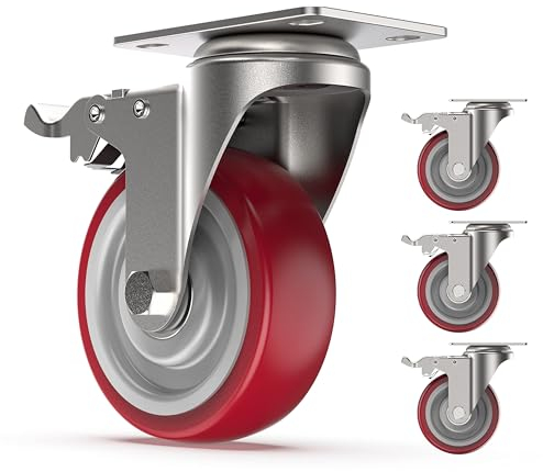 COOCHEER Set of 4 100 mm Ruote girevoli, Ruote Orientabili con Freno Rotelle per Letto e Mobili, Capacità di carico massima 400KG, Rosso