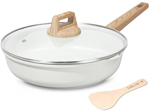 ESLITE LIFE Antihaftbeschichtete Bratpfanne mit Deckel, gesunde Granitbeschichtung, Ei, Omelett-Pfanne, Stein-Kochgeschirr, PFOA-frei (cremefarben, 24,1 cm), Y-JP25