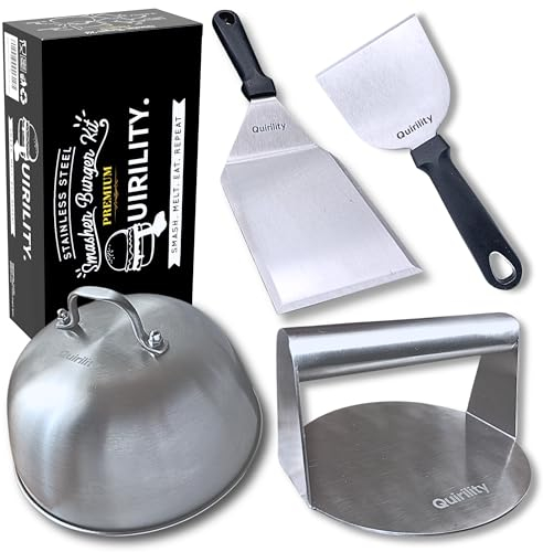 Quirility - Smash Burger Kit Professionnel. Acier INOX avec Certificat UE Contact Alimentaire - Presse Burger, Smasher Hamburger, Spatule Plancha, Cloche Plancha Burger (Premium)