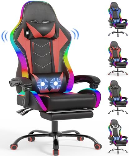Devoko Chaise Gaming LED avec Massage – Repose-Pieds, Appui-tête et Hauteur réglables – Fauteuil Ergonomique pour Gamer – Support Jusqu’à 180 kg – Rouge Sportif