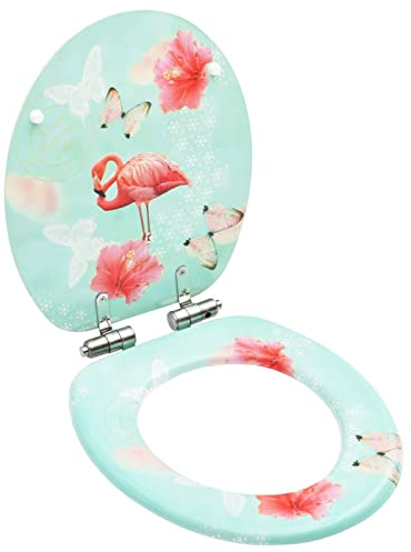 Gecheer Toilettensitz mit Soft-Close-Deckel Toilettendeckel WC Sitz Klodeckel Klobrille Absenkautomatik Badezimmer MDF Flamingo-Design