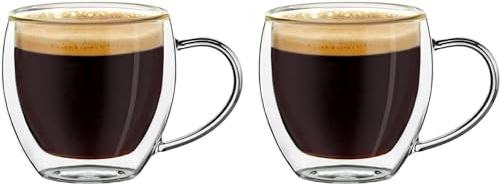 LENAOBEN Doppelwandige Espresso-Gläser mit Henkel, (2er Set) - 8 Unzen 250ml, Mokkatassen, Thermo-Gläser mit Schwebe-Effekt für Espressomaschine, Latte, Getränke, Tee, Cappuccino (250ml)
