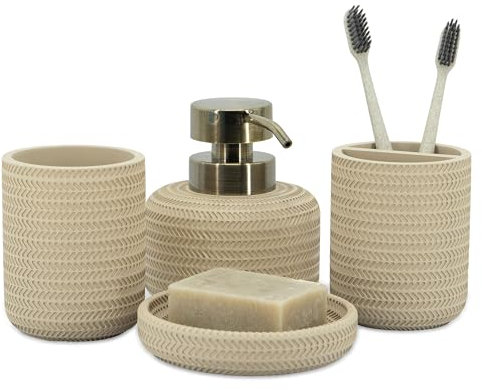ZCCZ - Beige Bad-Accessoires Set 4 Stück - Zahnbürstenhalter, Seifenspender, Vanity Tray, Badezimmer Becher - Countertop Vanity Organizer - Badezimmer-Zubehör-Set - Zahnbürstenhalter Set
