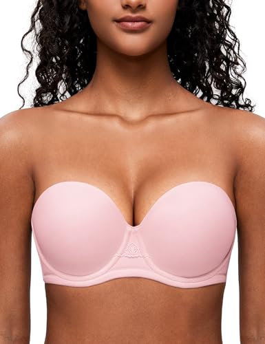 Deyllo Women's Strapless Bra Padded Cup Push Up Plus Size Full Coverage Underwire Support(Light Pink,32E)