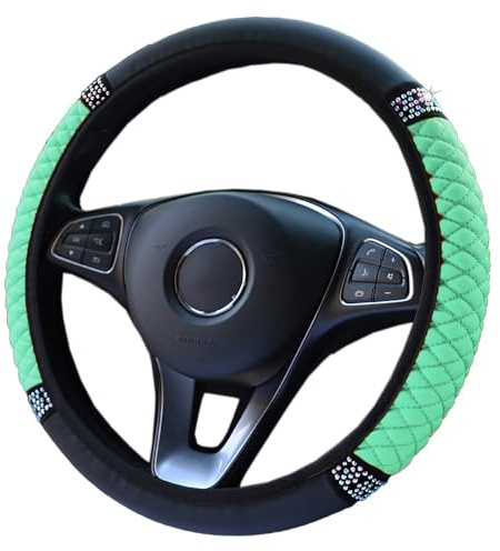 Universal Auto Lenkradbezug, Anti-Rutsch Rhombus PU Leder Kristall Glitzer Bling Bling Auto Lenkradhülle Durchmesser 37–38 cm,Elastischer Lenkrad Abdeckung Lenkradschoner Auto-Dekozubehör,Grün