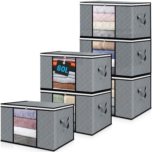 unycos - 6 Pezzi | Scatole per Vestiti 60L, Tessuto con Finestra Trasparente 55x35x32 cm, Scatole/Borsa Pieghevoli, Organizzatore Sotto il Letto per Piumini, Asciugamani, Cuscini (Grigio/Nero)