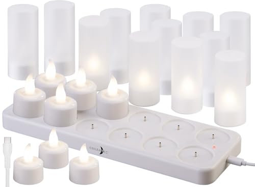 Lunartec aufladbare Teelichter: 12er-Set Akku-LED-Teelichter mit Kunststoff-Dekogläsern & Ladestation (wiederaufladbare, LED Akkus, wiederaufladbar)
