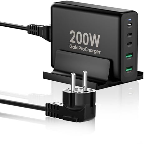 shefor 200W Caricatore USB C Multiplo, 5-Port Stazione Ricarica 3 USB C+2 USB A Hub Rapido 65W Laptop Caricabatterie Compatibile con MacBook Pro/Air, iPad, iPhone 16/15, Samsung,Steam Deck,Dell XPS