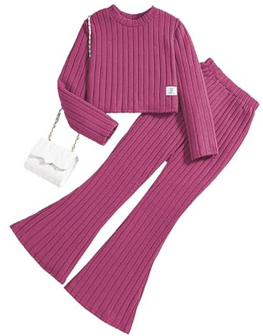 JiAmy Girls Clothes Flare Legging Outfit Long Sleeve Plain Set 7-11 Years | Super soft, pitted stripes,ribbed long sleeve crop top, wide-leg flared leggings pants, y2k style, fall &winter