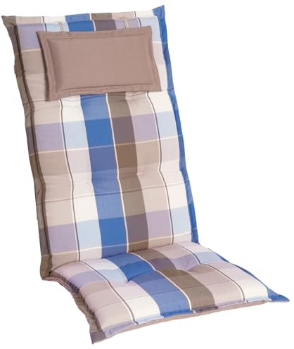 Homeoutfit24 Gartenstuhlauflagen Hochlehner – 1er Set – Komfort-Polster 6,5 cm – Kopfstütze integriert – Oeko-TEX Zertifiziert – pflegeleicht – Blau-Braun-Kariert – Made in EU