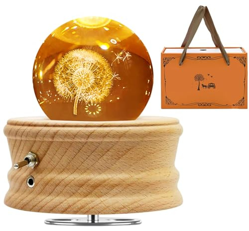 BIAOQINBO Kristallkugel Spieluhr, 360° Rotierende Hölzerne Spieluhr mit Projektionsfunktion, Geschenke für Frauen Mama Muttertag Vatertag Kindertag Geburtstag Weihnachten Valentinstag (Löwenzahn)