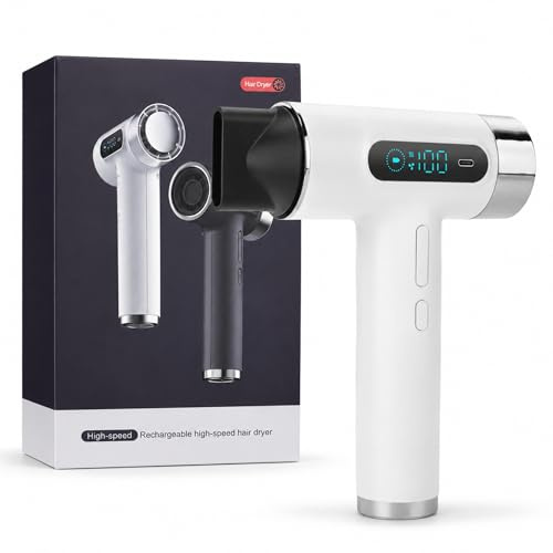 Cordless Hair Dryer Battery Power for Travel Outdoor Use - 100000 RPM High Speed Blow Dryer with 300W Power, Hot Cold Wind & Display Screen, Type C Rechargeable Travel Hairdryer New Upgrade
